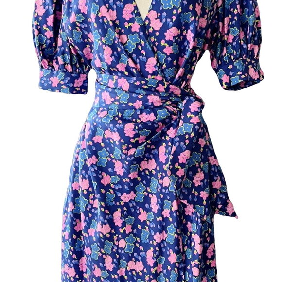 MARC JACOBS Silk Wrap Dress Half Puff Sleeves Belted Floral Blue Pink V-Neck 6 - Picture 9 of 10